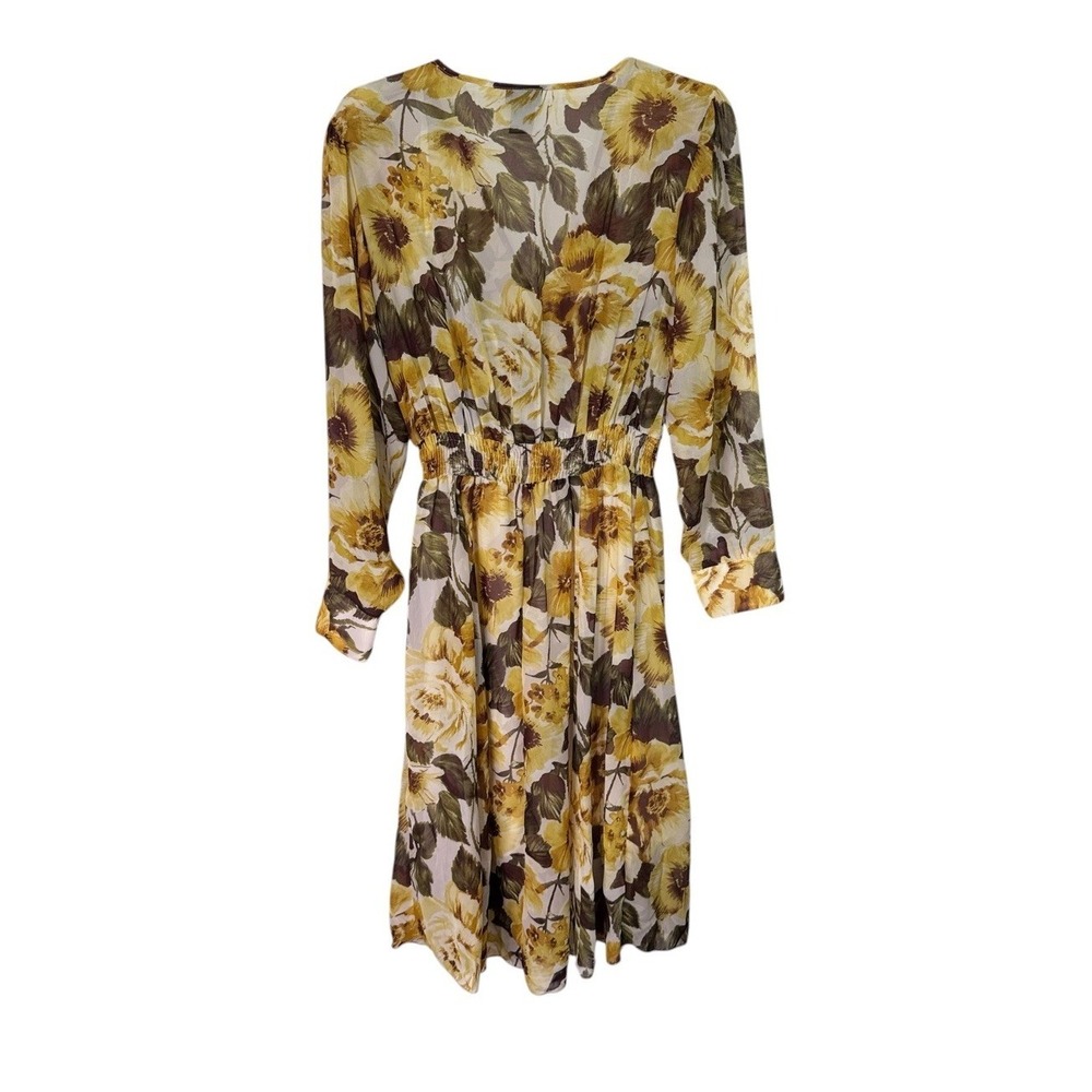 Kate & Lily Floral Midi Dress Size 10 Yellow Brown Long Sleeve Smocked